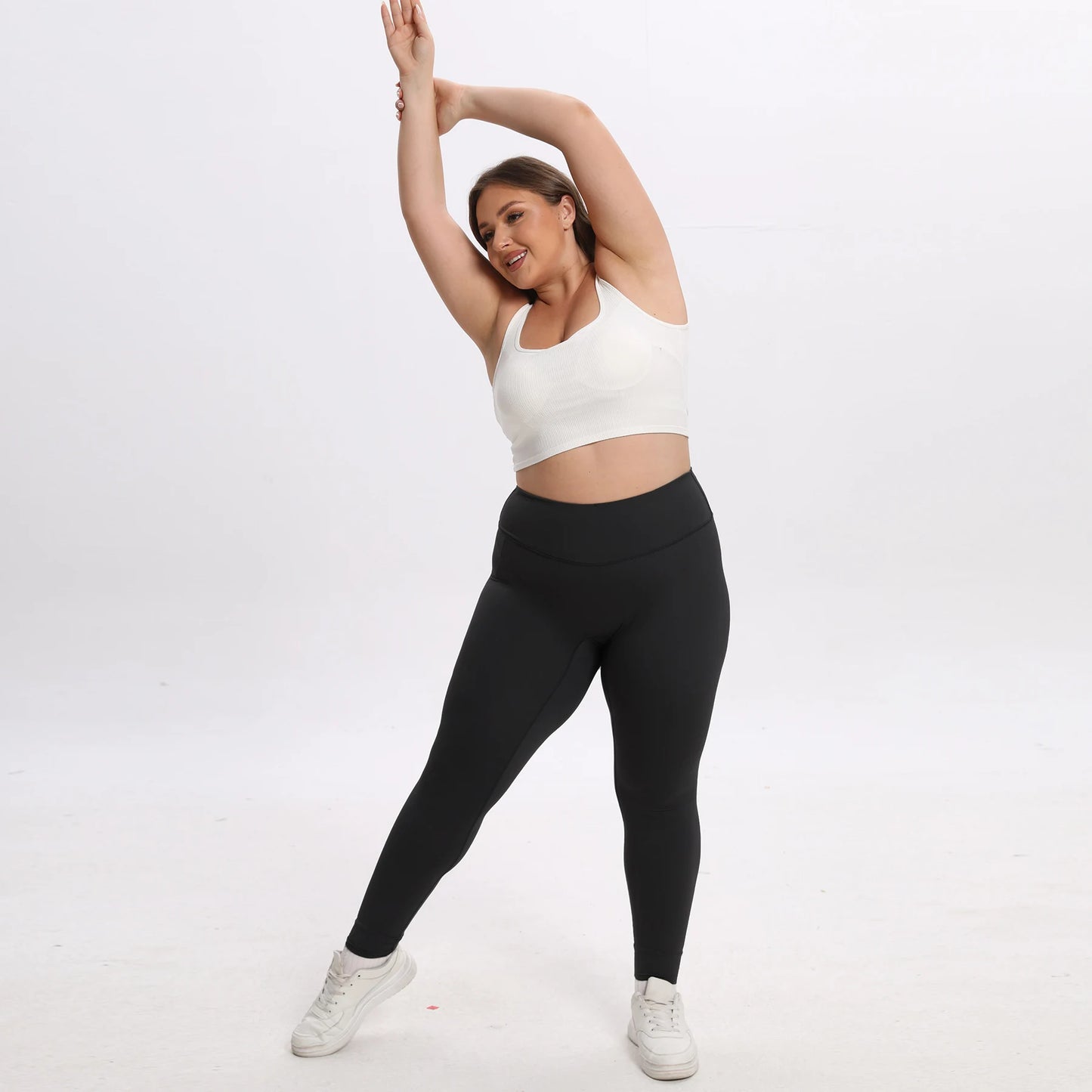 Calça feminina clássica plus size, cor sólida, academia, esporte, fitness, cintura alta, estiramento, yoga, legging, gordura, sof e respirável, pés