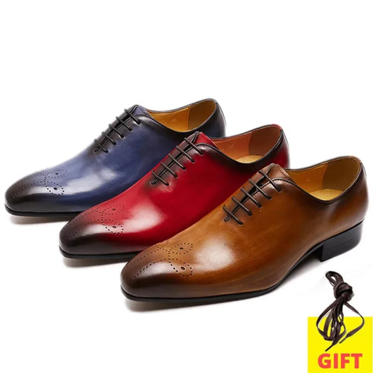 Men's Oxford Genuine Leather Wholecut Fashion Pointed Toe Lace-up Formal Business Wedding Dress Shoes