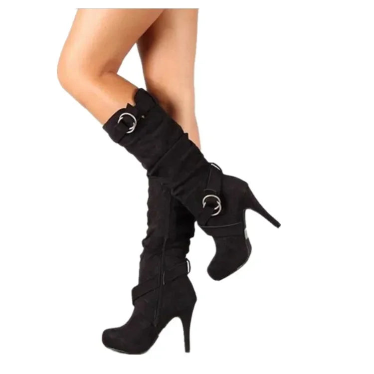 Botas sexis hasta la rodilla para mujer, tacón fino, punta redonda, plataforma, botas de piel sintética a la moda para mujer, talla 34-43