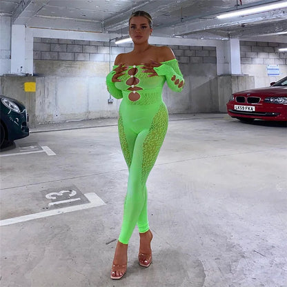 OSEN-Winter Sexy Thick Women one Piece Outfit Chic Hollow Rhinestones Slash Neck Patchwork Leggings Stretch Matching Clubwear