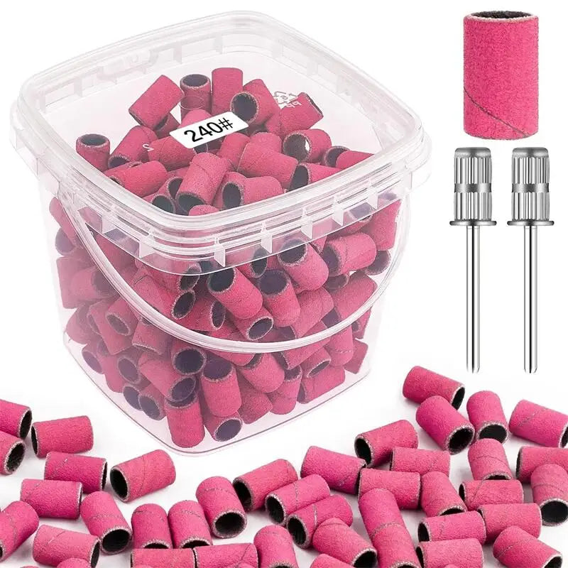 200pcs nail art Sanding Bands 80 120 180 240 Grit with 2Pcs Nail Drill Bits for Manicures and Pedicure accessories