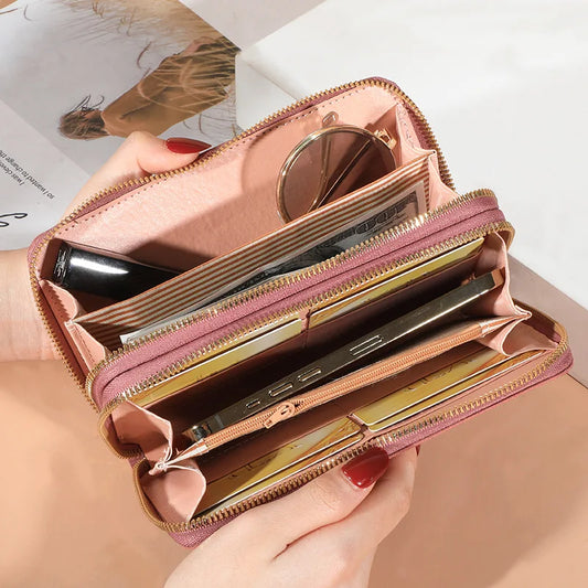 Cartera larga para mujer, monedero con borlas, tarjetero, billetera de cuero sintético con doble cremallera, bolso de mano de lujo para teléfono y dinero.