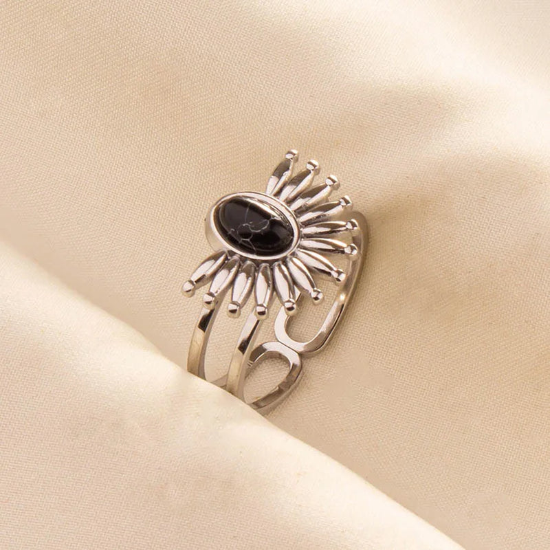 1pc Boho Turquoise Ring Stainless Steel Black Stone Silver Color Adjustable Ring Women Ethnic Ring Bohemian Jewelry Gift No Fade