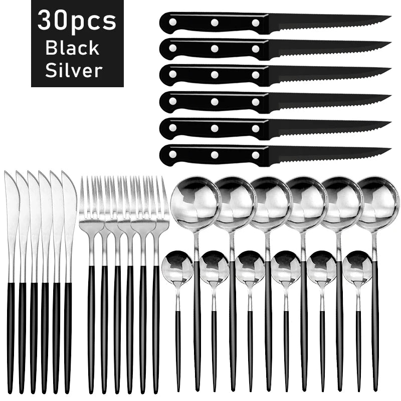 30pcs Black Dinnerware Set Stainless Steel Steak Knife Fork Coffee Spoon Teaspoon Flatware Dishwasher Safe Kitchen Tableware Set
