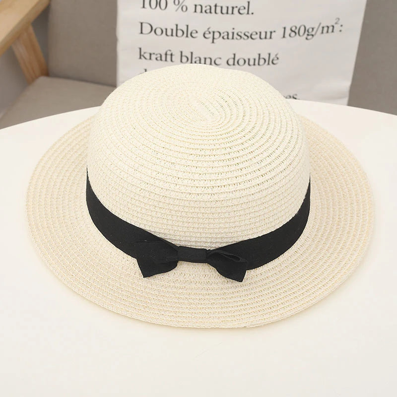 COKPanama Simple Summer Beach Sun Protection Bowknot French-Style Small Hat, Women's Casual Flat-Brimmed Straw Hat with Bow
