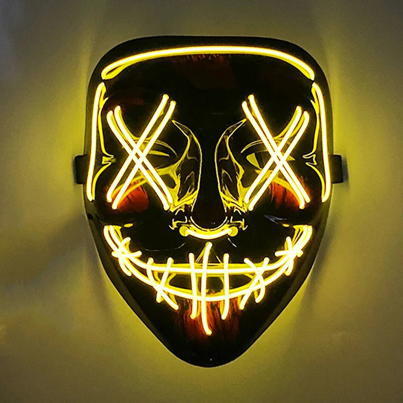 Artigos para Festa de Halloween 2026: Máscara LED Luminosa Estilo "Uma Noite de Crime" (Purge) com Luz Neon EL Sem Fio – Máscara de Rosto Inteiro para Cosplay Adulto (Brilha no Escuro)