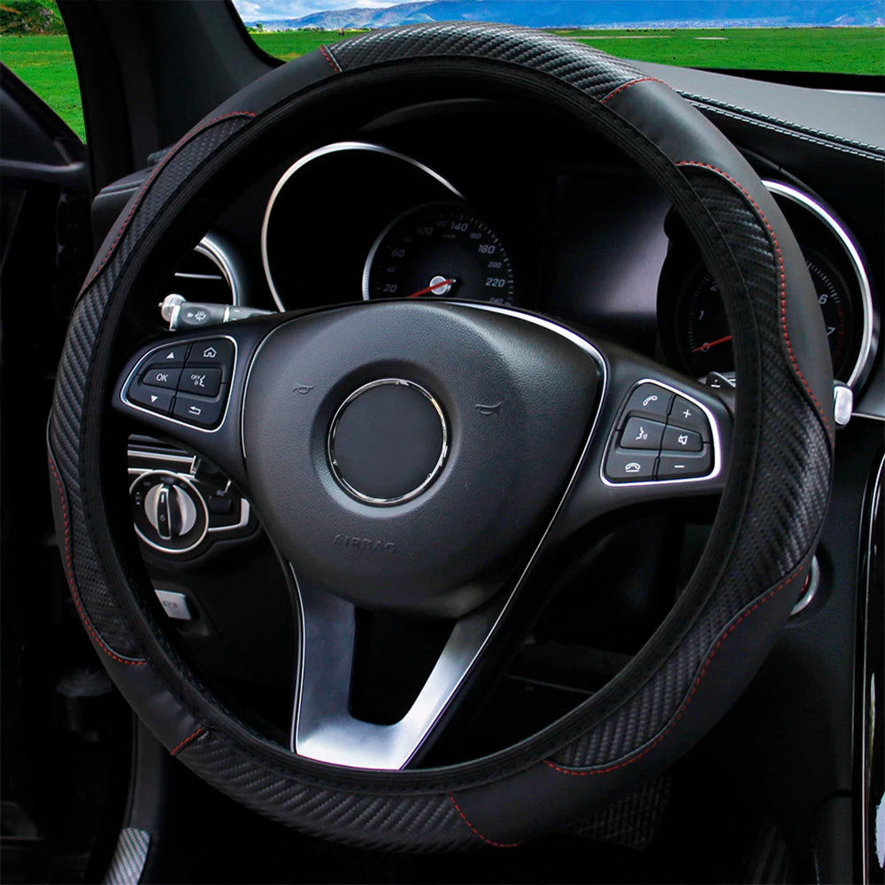 PU Carbon Fiber Leather Car Steering Wheel Cover without Inner Ring Suitable for 14.5-15 Inches of Automotive Supplies