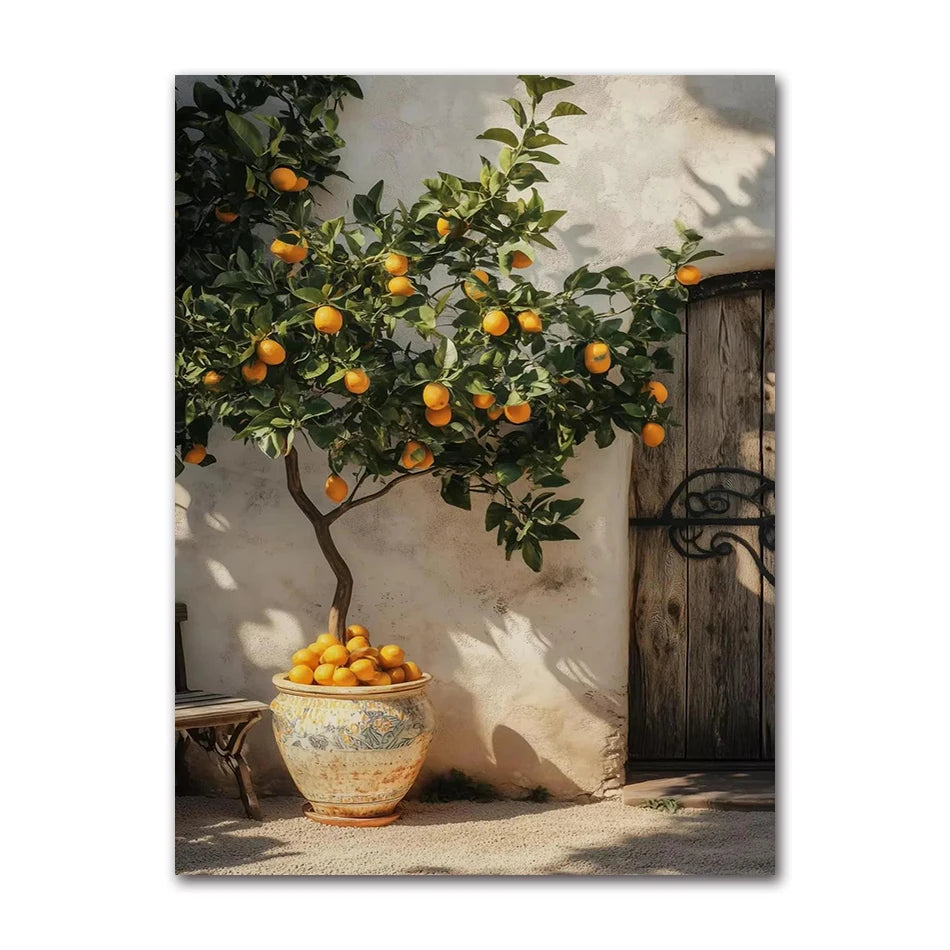 Retro Mediterranean Greece Landscape Poster Canvas Painting Wall Art Pictures Home Decoration Italian Lemon Orange Olive Tree