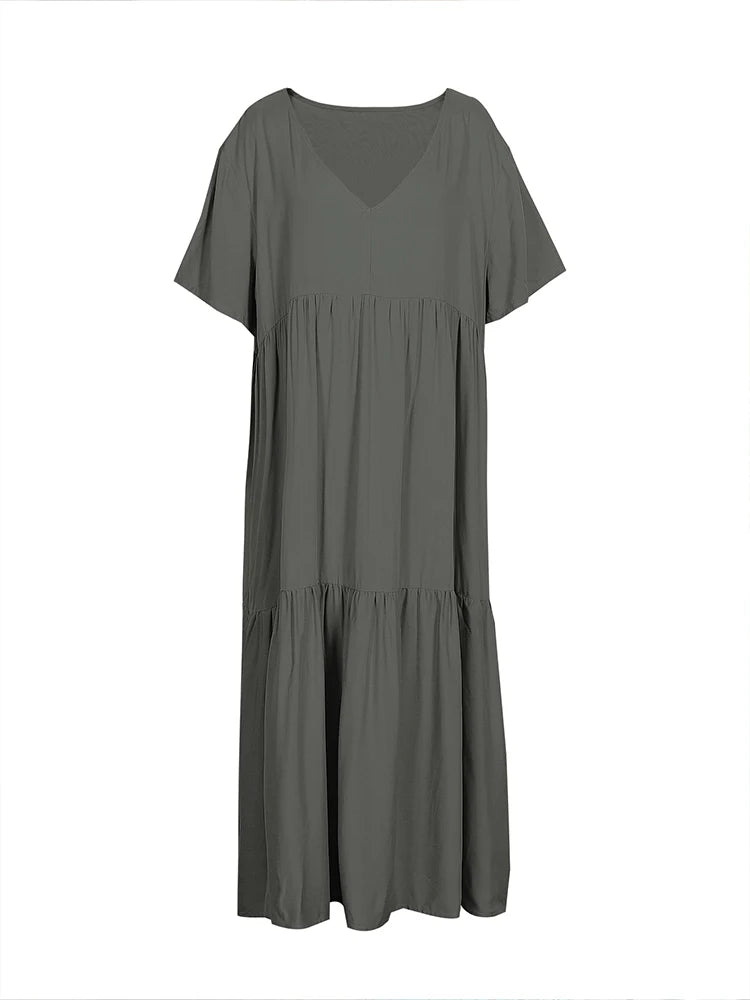 Plus Size 2025 Summer New V-neck Short Sleeve Pleated Solid Colour Loose Casual Midi Dress Basic Hem Pleated