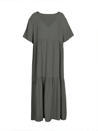 Plus Size 2025 Summer New V-neck Short Sleeve Pleated Solid Colour Loose Casual Midi Dress Basic Hem Pleated