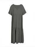 Plus Size 2025 Summer New V-neck Short Sleeve Pleated Solid Colour Loose Casual Midi Dress Basic Hem Pleated