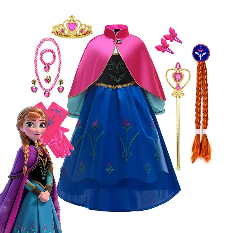 Disney Frozen Princess Anna Dress with Fuchsia Cape Girls Snow Queen Elsa's Sister Costume Play Toddler Carnival Royal Frocks