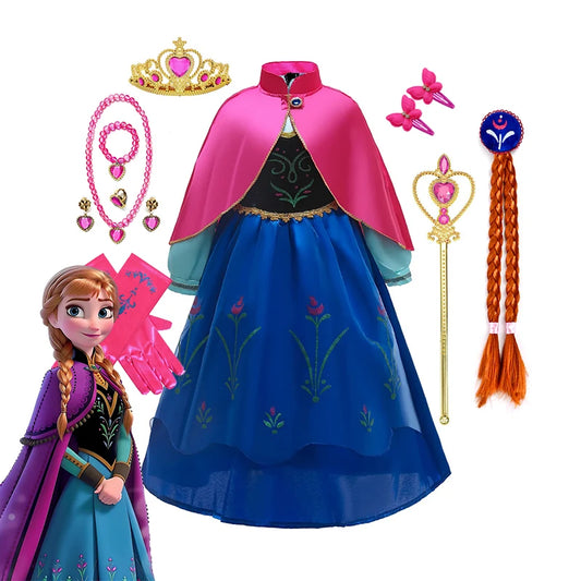 Disney Frozen Princess Anna Dress with Fuchsia Cape Girls Snow Queen Elsa's Sister Costume Play Toddler Carnival Royal Frocks