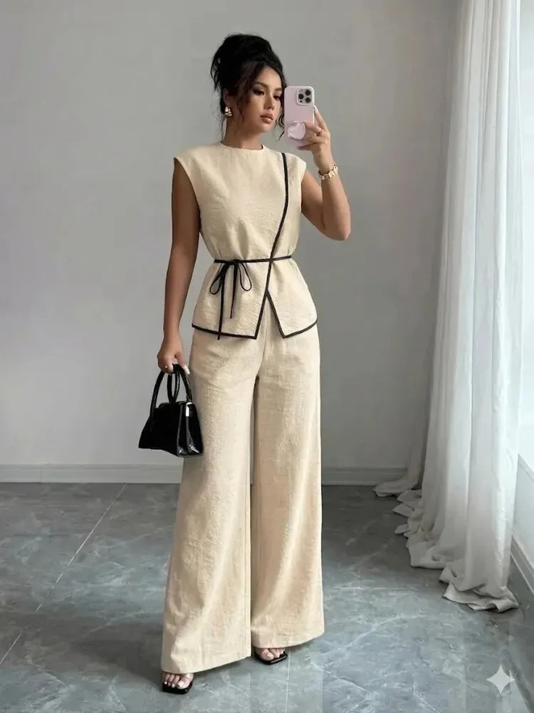 Women's Summer Tie-waist Wide-leg Pants Set Sleeveless Wrap Blazer Top Loose Straight-leg Pants Two-piece Set Comfortable Outfit