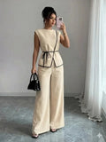 Women's Summer Tie-waist Wide-leg Pants Set Sleeveless Wrap Blazer Top Loose Straight-leg Pants Two-piece Set Comfortable Outfit