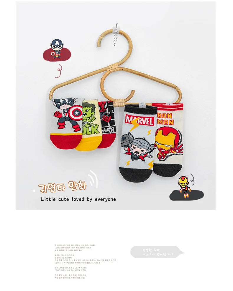 5 Pairs Marvel Kids Socks Kawaii 2024 New Fall Winter Cartoon Boy Children Short Socks Cotton Sock for Boys Gifts