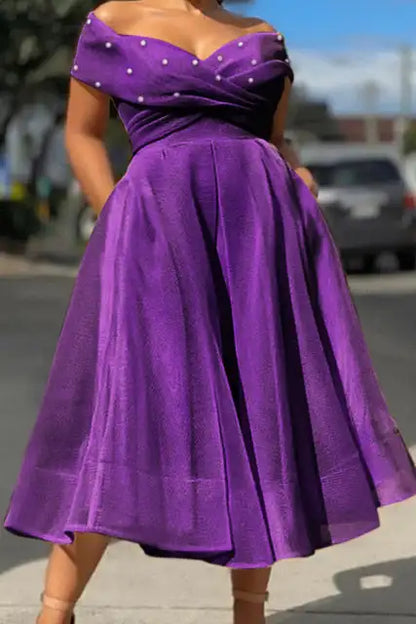 Vestido feminino plus size sólido fora do ombro pérolas decoração uma linha tule elegante festa midi vestidos
