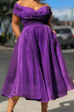 Vestido feminino plus size sólido fora do ombro pérolas decoração uma linha tule elegante festa midi vestidos