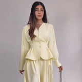 Solid Yellow Pant 2 Piece Set Women's Full Sleeves Buttons Waist-cinching Coats Wide-leg Trousers 2026 New Ladies Autumn Outfit