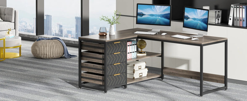 Tribesigns L Shaped Computer Desk with Storage Drawers, 59 inch Corner Desk with Shelves, Reversible L-Shaped Office Desk Study