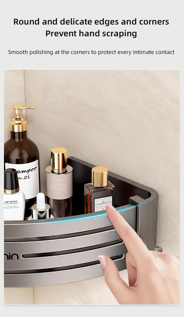 No Drill Bathroom Corner Shelf Wall Mounted Shower Corner Shelves with Hook Towel Bar Space Aluminum Bathroom Organizer Rack