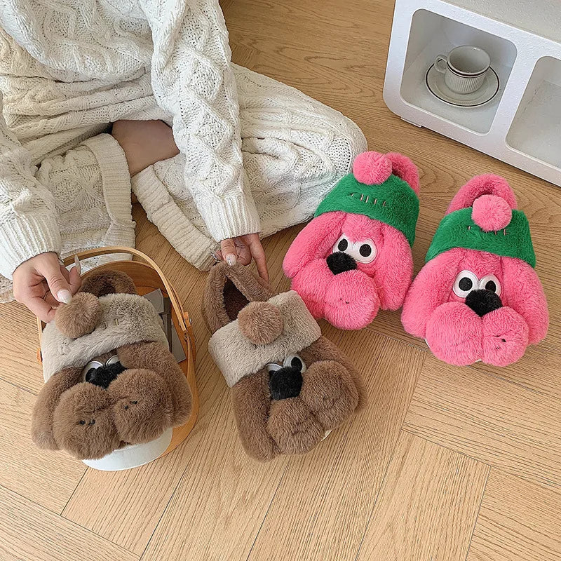 2024 New Cute Cartoon Dog Indoor Slippers For Woman Men Winter Warm Shoes Soft Plush Lovely Style Couples Home Floor Slipper