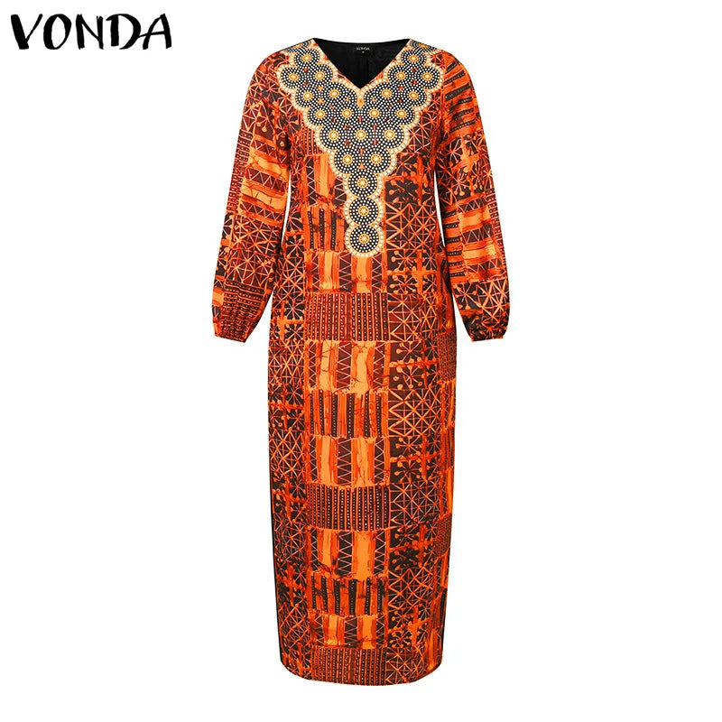 Plus Size 5XL VONDA Bohemian Summer Women Long Dress Printed Sundress Fashion Puff Sleeve V Neek Loose Casual Vestidos Robe