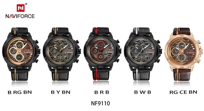 NAVIFORCE Men Watch Sport Man Wristwatch Top Brand Luxury Gold Military Date Week Genuine Leather Quartz Male Clock Gift 9110