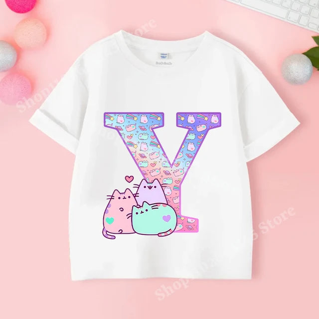 Pusheens-manga curta t-shirt para as meninas de a a z, anime gato, roupas de verão, esporte ao ar livre, novo, presente para as crianças, venda especial