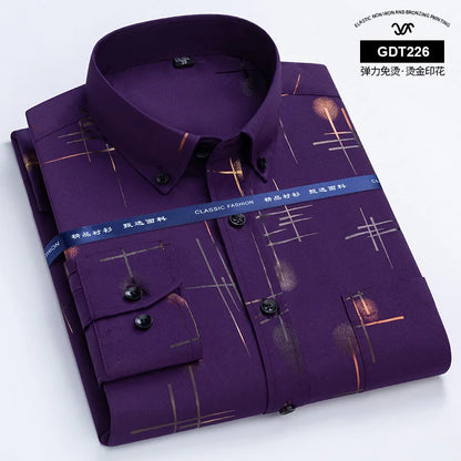 Latest Men's Dress Shirts Spring Autumn Non-iron Anti-wrinkle Business Casual Print Thin Plaid Soft Slim Fit Chemise Homme