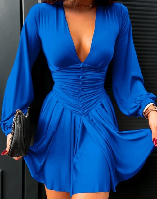 Elegant Women Party Dress Mini Skirt Short Button Skirt Ruched Lantern Sleeve Casual Sexy Plume Summer Autumn Newest 2022 