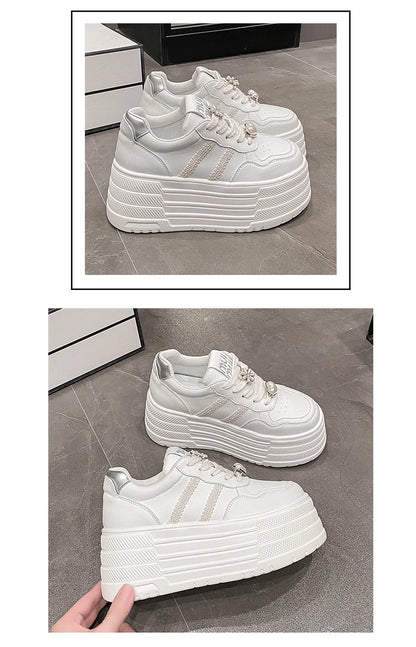 8cm Leather Flats Casual Dad Shoes Chunky Sneakers 2025 Women Platform Sports Shoes Ladies Skateboard Hidden Heels Shoes Tennis