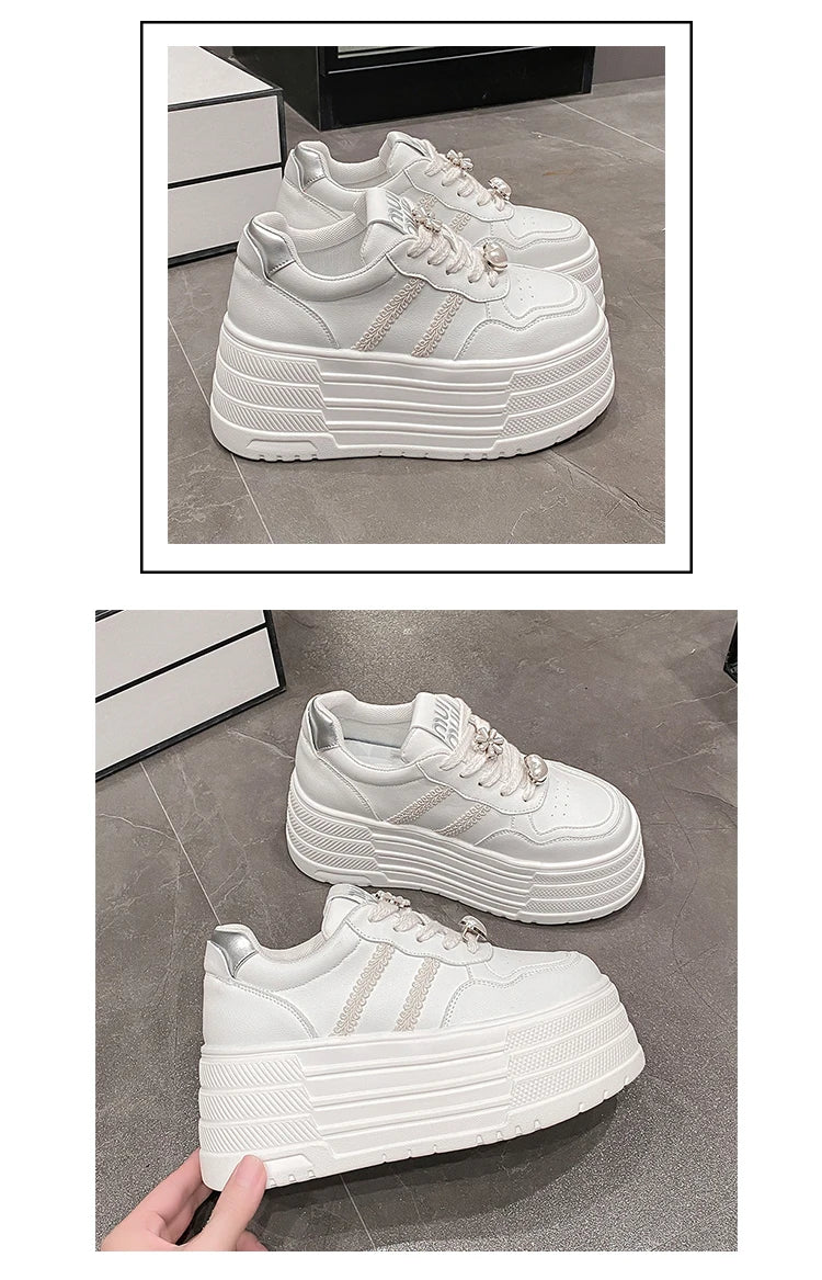 8cm Leather Flats Casual Dad Shoes Chunky Sneakers 2025 Women Platform Sports Shoes Ladies Skateboard Hidden Heels Shoes Tennis