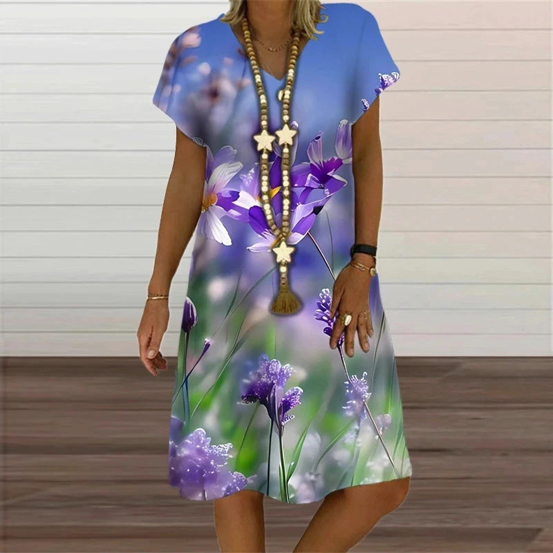 6XL Summer Plus Size Dresses Women Plant Flower Print Loose Dress Casual V-Neck Short Sleeve Knee-Length Dress Vestidos Sundress