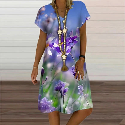 6XL Summer Plus Size Dresses Women Plant Flower Print Loose Dress Casual V-Neck Short Sleeve Knee-Length Dress Vestidos Sundress