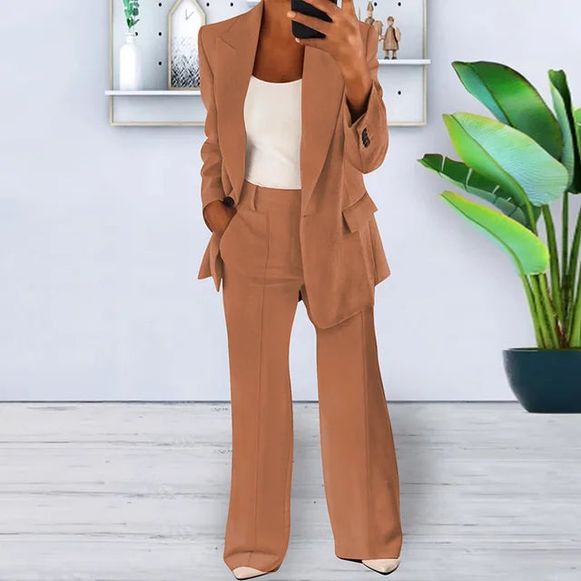 Elegante cárdigan de manga larga con solapa y pantalones de pierna ancha, conjunto de 2 piezas para mujer, moda Otoño Invierno, traje femenino con bolsillos y botones 