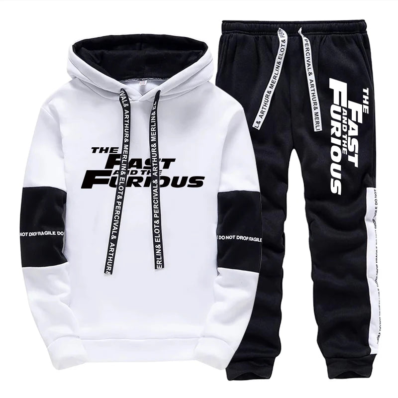 Men's Tracksuit Print Casual Hooded Sweatshirts Set Jogging Clothing Men Daily Commute High Street Fashion Suit 2025 Black White