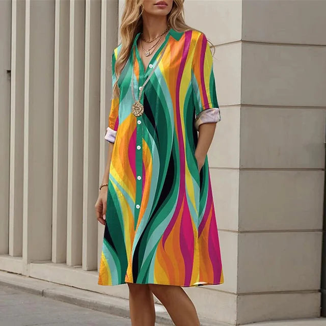 Vestido de camisa vintage estampado feminino, vestidos soltos casuais, vestidos Midi retos, elegante vestido de festa na praia, tamanho grande, 2024