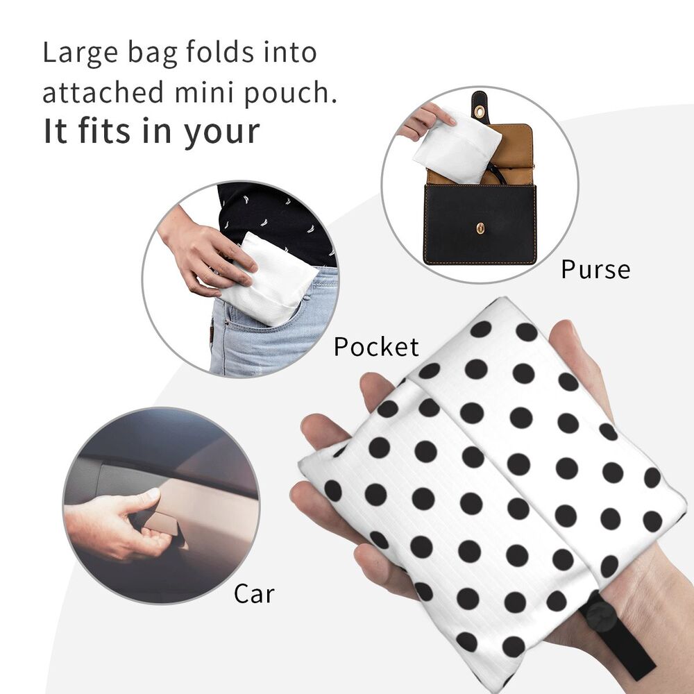 Custom Recycling Classic Black And White Polka Dot Shopping Bag Women Tote Bag Portable Grocery Shopper Bags
