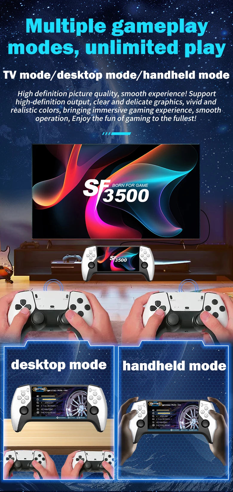 SF3500 Retro Handheld Video Game Console Linux System 5.0 Inch 854*480 IPS Screen 3000mAh Portable Pocket Video Player Games