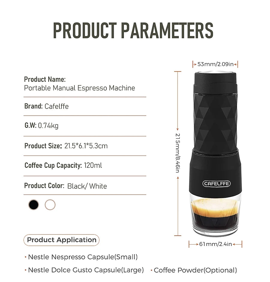 Cafelffe 3 In1 Portable Coffee Machine Hot/Cold Water Manual Espresso Maker For Capsule & Ground Hand Press Brewer hiking Travel