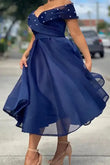 Vestido feminino plus size sólido fora do ombro pérolas decoração uma linha tule elegante festa midi vestidos