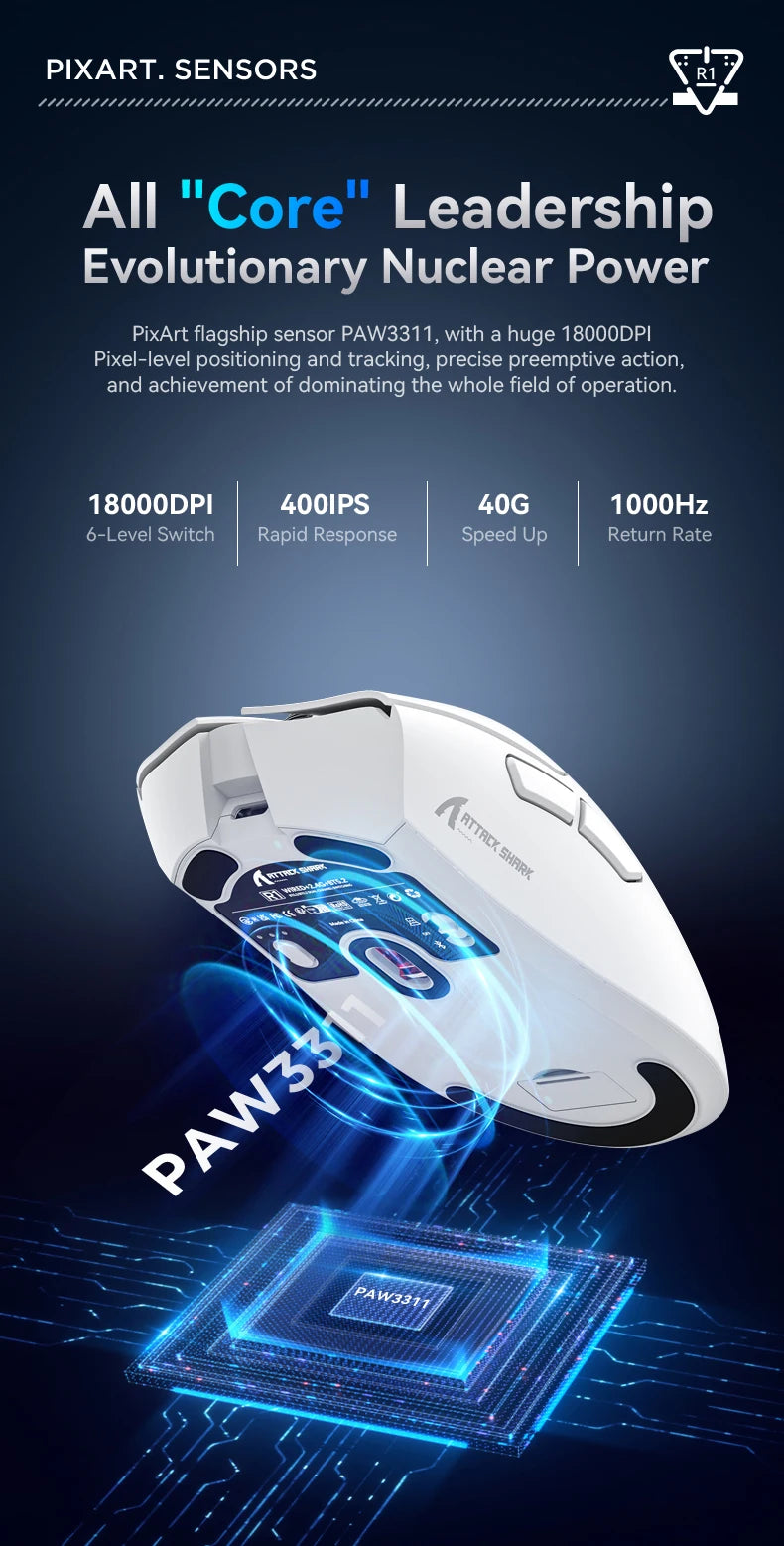Attack Shark R1 Bluetooth Mouse,18000dpi,PAW3311,Wiredless Tri-mode Connection, Macro Gaming Mouse