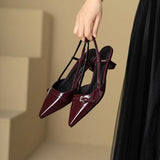 2024 New Summer French Wine Red Pointed Patent Leather Mid-Heel Overhead Sandals for Women Retro Skinny Heel Open-Back Shoes