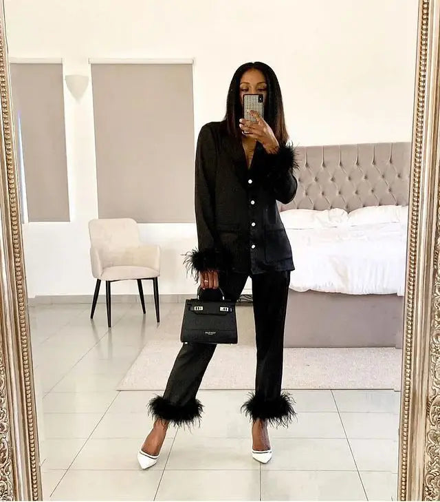 Women's Solid Color Suit Lapel Top Feather Pants Two-Piece Pajama Set 2024