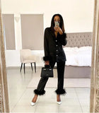 Women's Solid Color Suit Lapel Top Feather Pants Two-Piece Pajama Set 2024