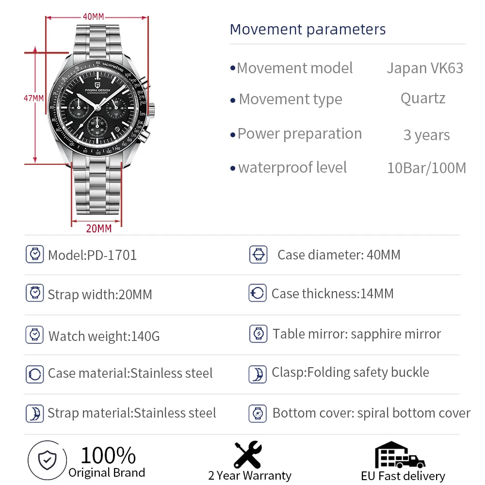 PAGANI DESIGN 2026 New Men's Watches Top Luxury Quartz Watch For Men Auto Date Speed Chronograph AR Sapphire Mirror Wrist watch