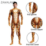 Zawaland Tiger Leopard Cheetah Petsuit for Men Animal Disguise Costume Crotch Zipper Zentai Halloween Carnival Full Bodysuits
