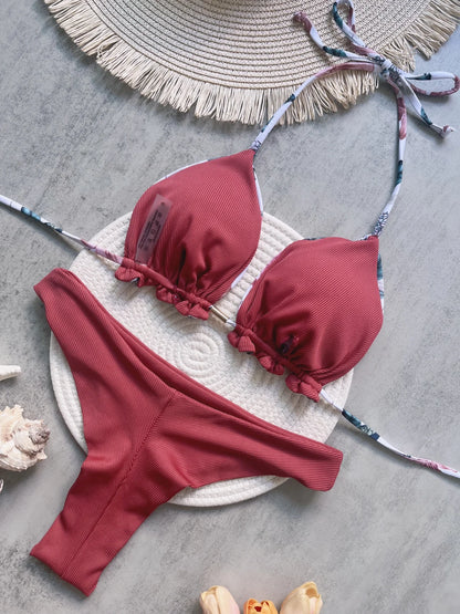 Leaves Printed Halter High Leg Cut Bikini Women Swimwear Female Swimsuit Two-pieces Bikini set Bather Bathing Suit Swim