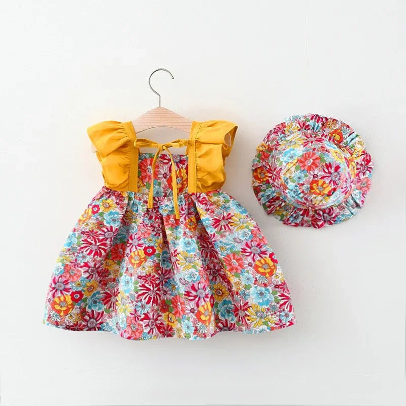 Vestido de verano para niña con tirantes y flores fragmentadas, sin mangas, de princesa, para recién nacida de 0 a 3 años, incluye gorro.